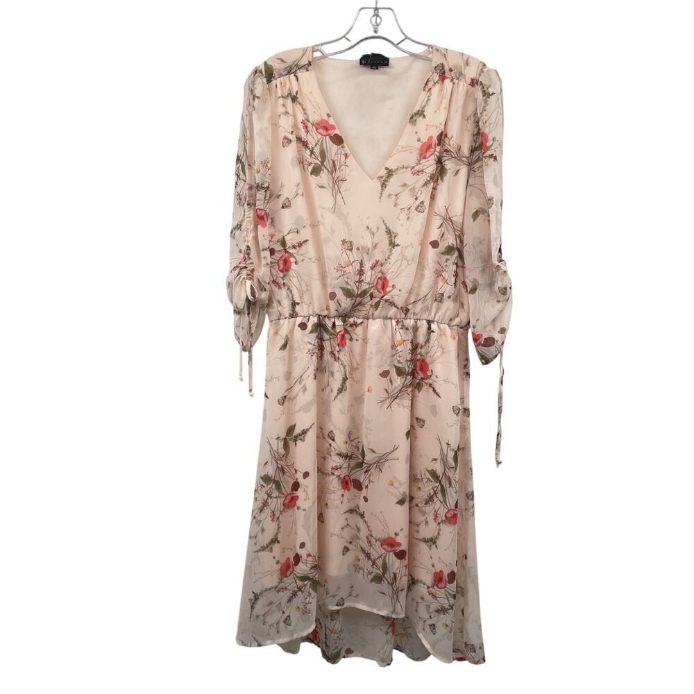 Collection by Bobeau Floral A-Line Hi Low Dress 3/4 Tie Sleeve Pink/Multi Large